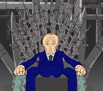Cartoon showing Putin sitting on a throne made of weapons