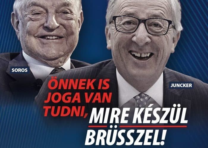 Hungarian government poster showing US philanthropist George Soros and EU Commission chief Jean-Claude Juncker