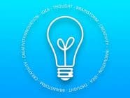 Light bulb encircled by words such as innovation, creativity, thought
